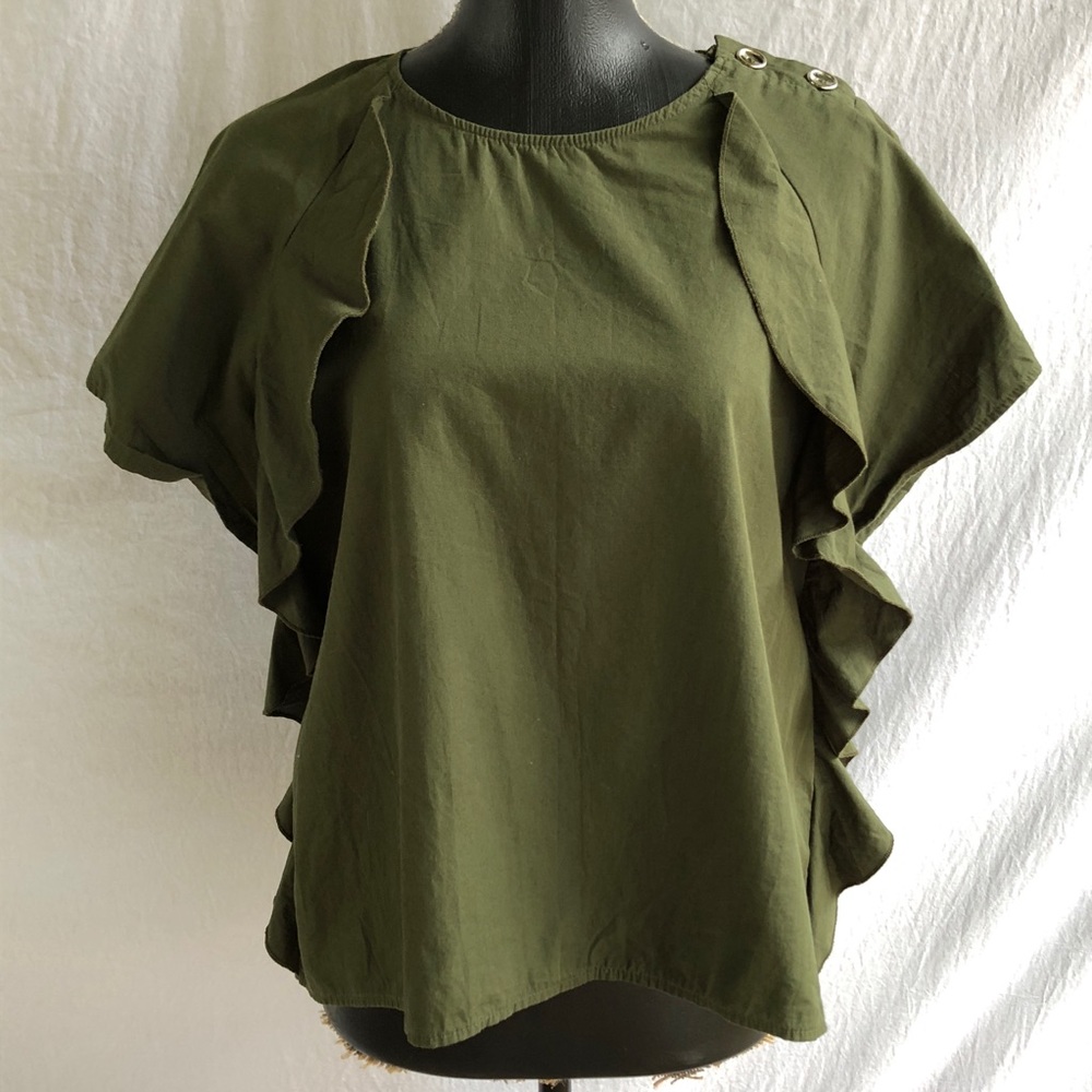 ZARA SIZE L FLUTTER TOP COTTON OLIVE GREEN